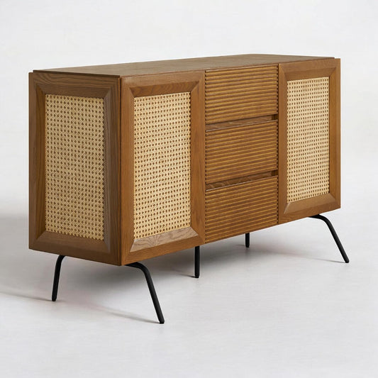 NTC MOSSIC Sideboard with 2 Doors and 3 Drawers, Buffet Cabinet with Natural Rattan and Metal Legs, Modern Storage Cabinet for Living Room, and Hallway, Effortless Assembly - Rustic Oak