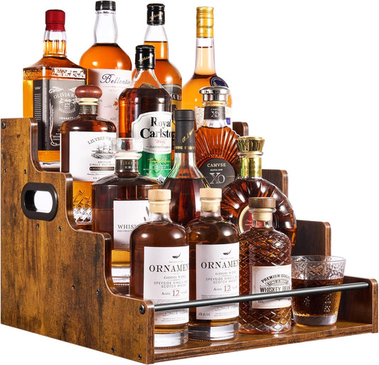 4-Tier Liquor Bottle Display Shelf, Holds up to 16 Bottles, Extra Large Rustic Bar Shelves for The Home Bar, Countertop Whiskey Organizer with Handles