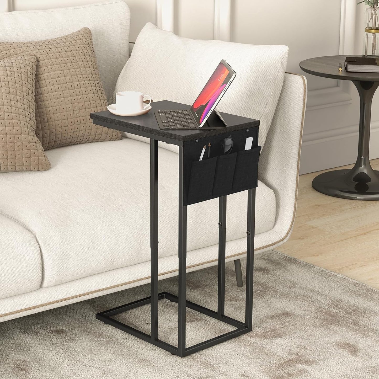 C Shaped End Table for Couch, Small Couch Side Table for Sofa, C Side Table with Storage Bag, TV Tray Table for Living Room, Bedside Table for Bedroom, Snack End Table for Couch, Black