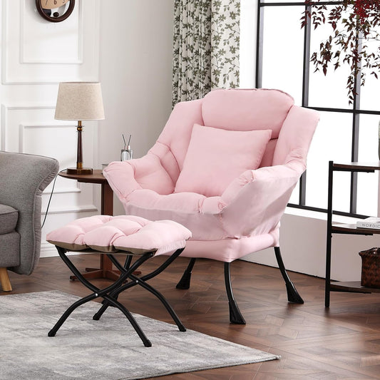 Large Lazy Chair with Ottoman, Accent Reading Chair with a Throw Pillow, Cozy Lounge Armchair, Leisure Sofa Chair for Living Room, Bedroom, Dorm, Peach Pink
