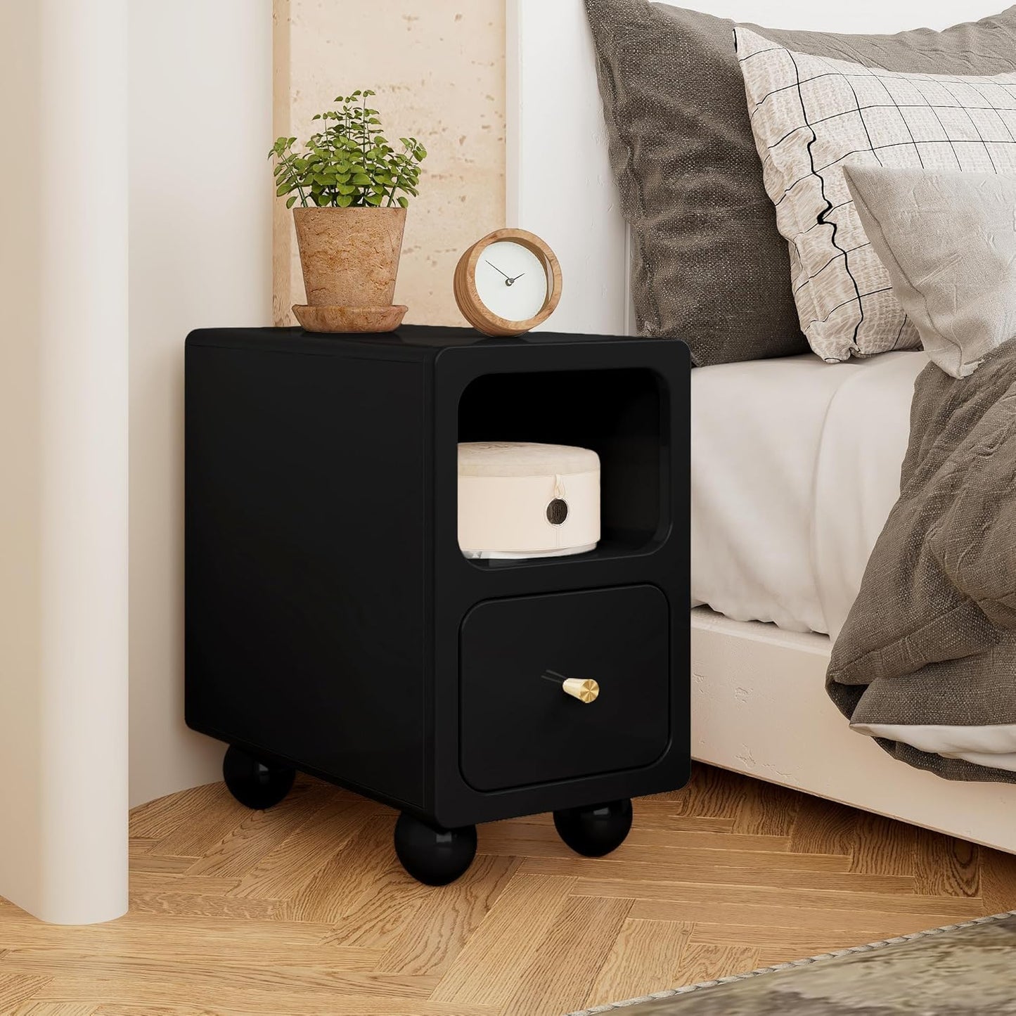 Solid Wood Nightstand, Narrow Night Stand with Drawers, Black Mid Century Modern Nightstand, Small Beside Table with Open Storage Shelf for Bedroom (10 inch)