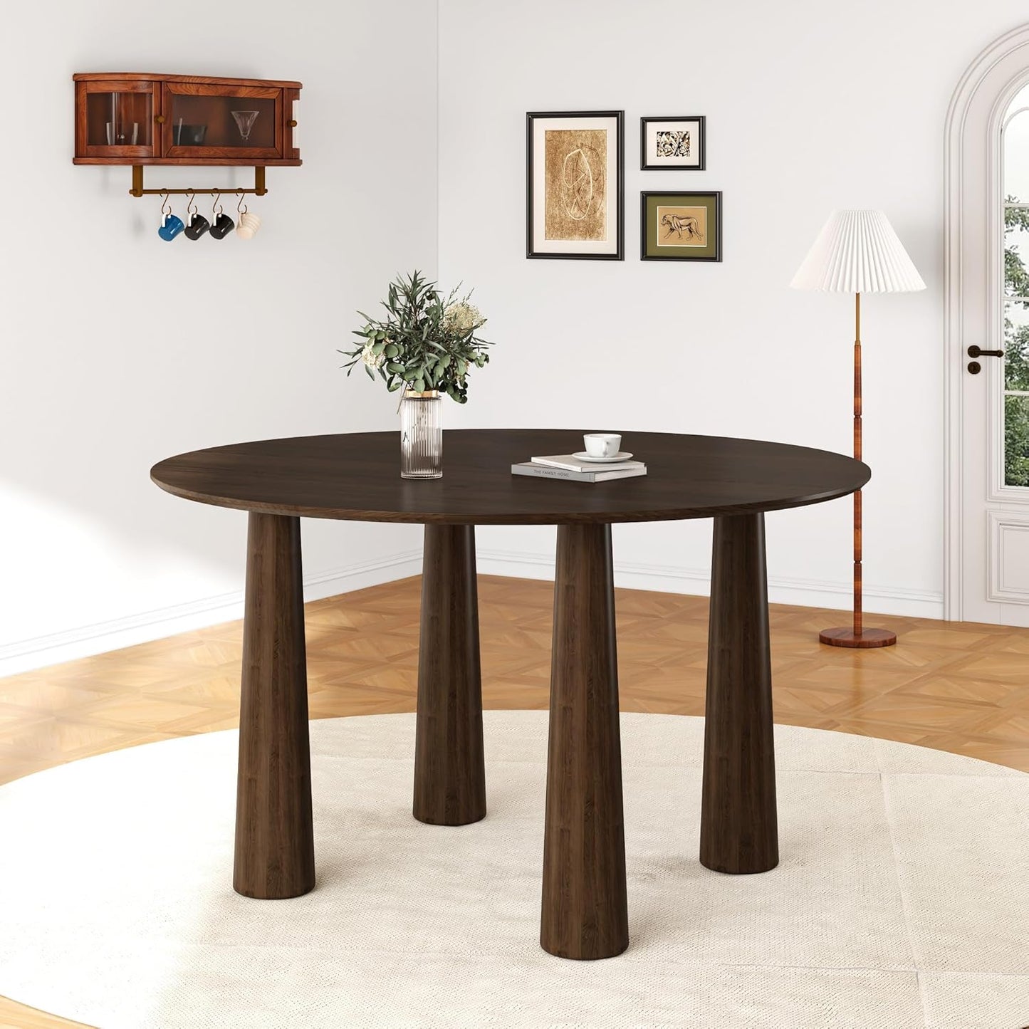 Casaphoria 52" Round Dining Table, Kitchen Table for 6 with Arc-Shaped Edge Top and Cylindrical Legs, Easy Assembly for Living Room, Dining Room, Walnut