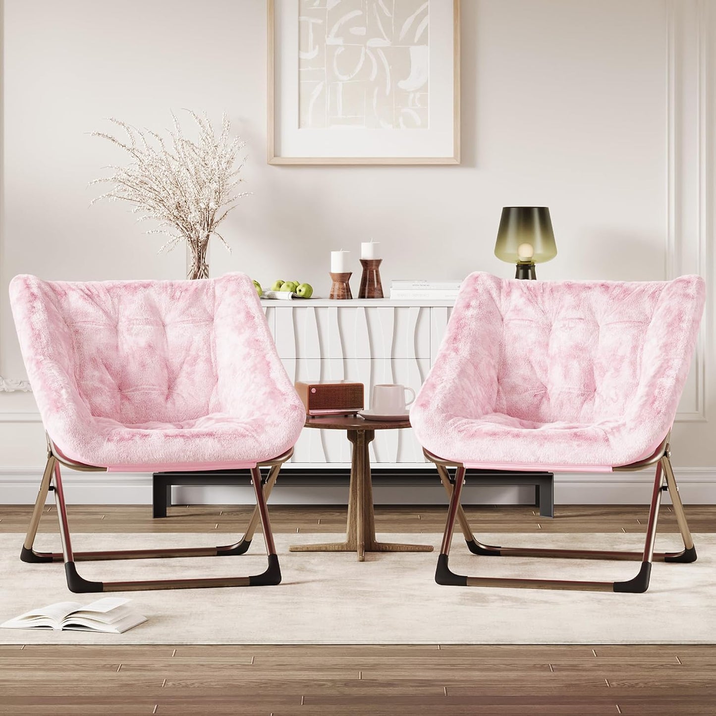 Comfy Chair for Adults, Foldable Living Room Chairs, Soft Faux Fur Folding Lounge for Bedroom Living Room Dorm Rooms, Flexible Reading Chair for Teens (2, Pink, Extra Large)