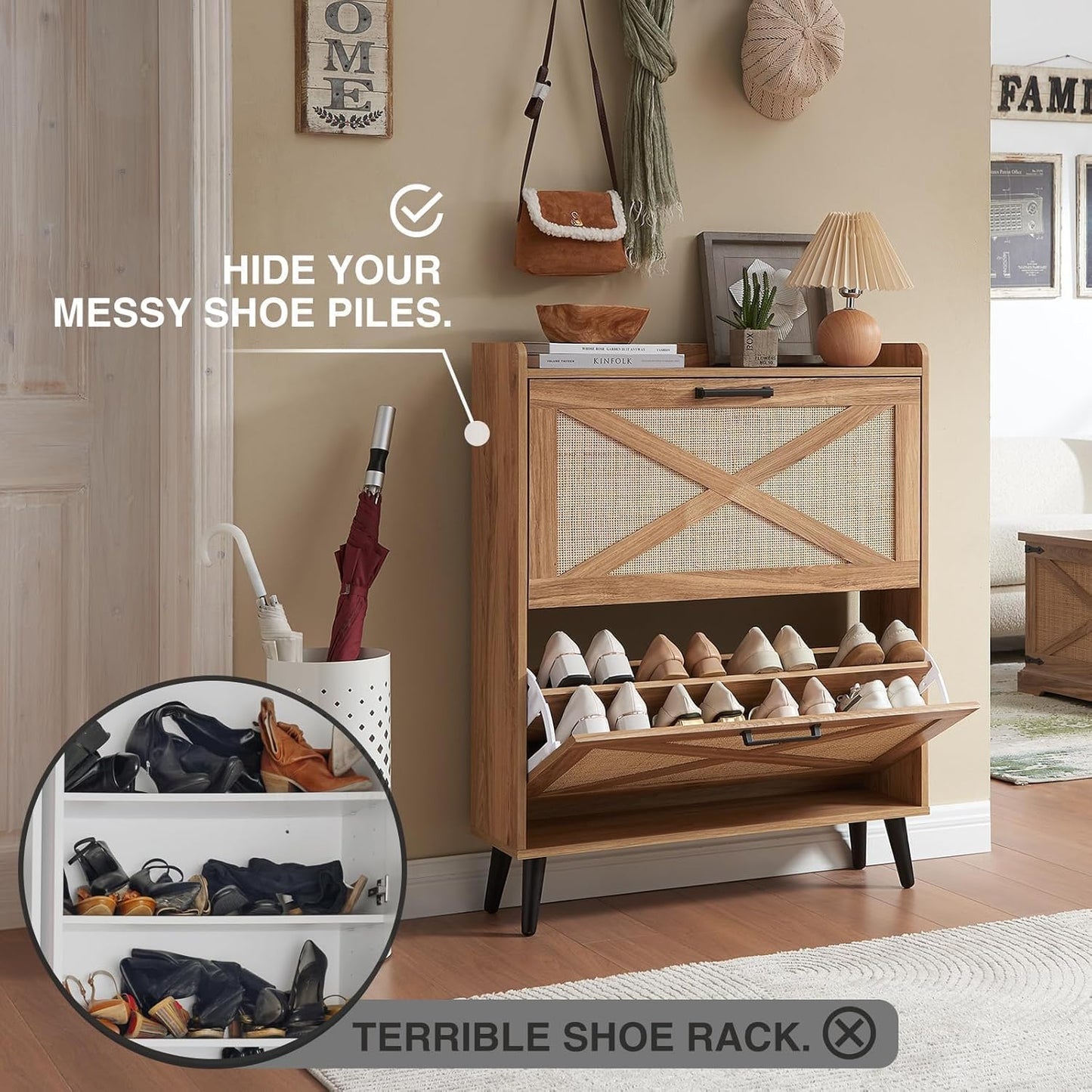 Shoe Storage Cabinet, Boho Shoe Organizer with 2 Flip Drawers & Rattan Design,Farmhouse Freestanding Hidden Slim Narrow Shoe Rack Cabinet for Entryway, Foyer,Hallway, Natural