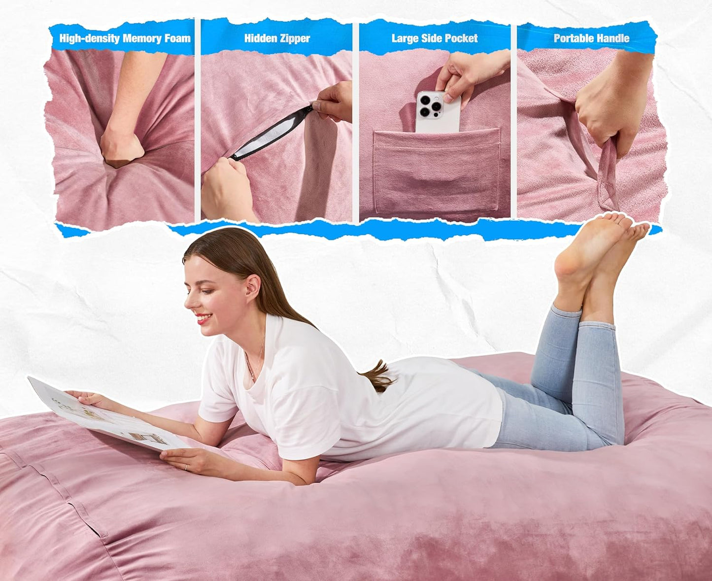 Hobestluk 6FT Bean Bag Chair Large Beanbag Lounger with Removable Cover Adult Bean Bag Chair with Portable Handle Desgin for Living Room Bedroom (Pink, 6FT)