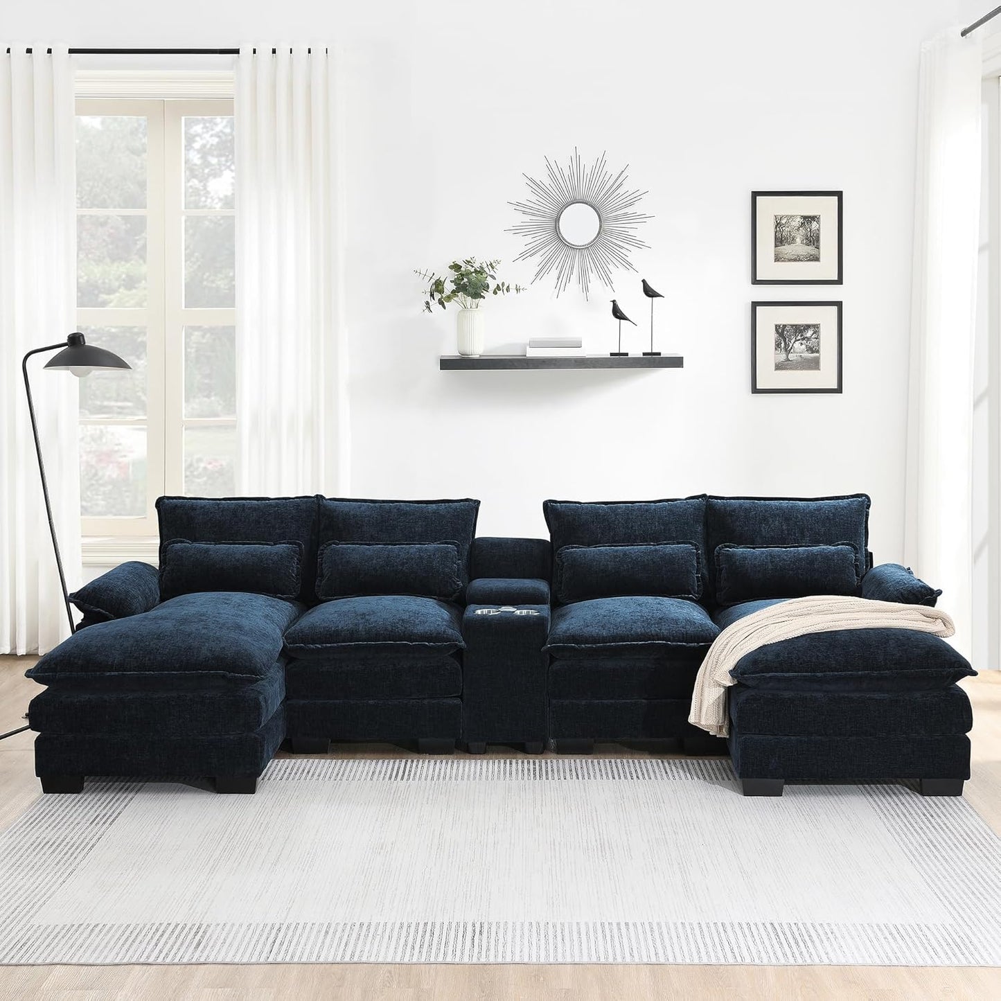 Merax 123" Modular Sectional Couches with Waist Pillows, Cupholders, Console and USB Charging, 6-Seat Upholstered Sleeper Sofa Chaise Lounge & Double Cushions for Living Room, Apartment, Dark Blue