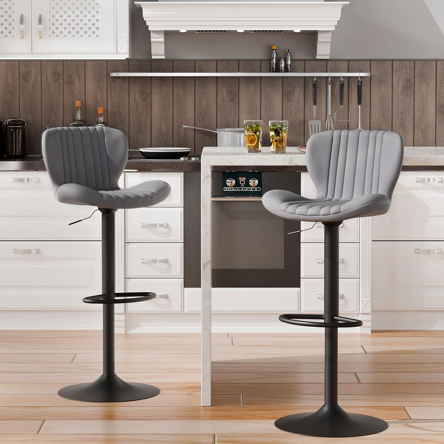 Shintenchi Bar Stools Set of 2 Modern Swivel Bar Chairs, Counter Height Faux Leather Metal Barstools, Upholstered Island Chairs with Back and Footrest, Gray
