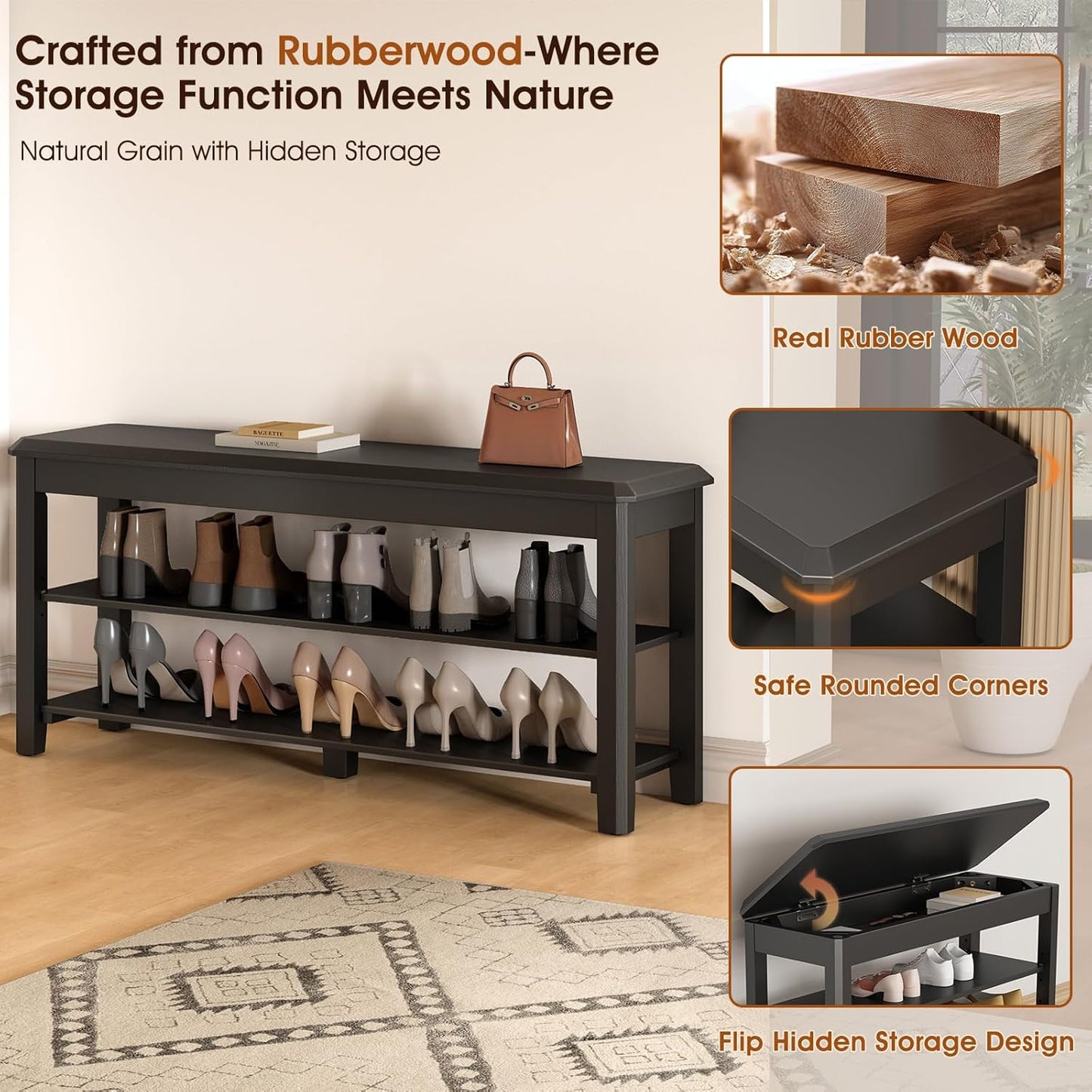 Shoe Rack Bench Seat Rubberwood 2-Tier Wooden Storage Bench 550lbs Compact Mid-Century Modern Design for Entryway, Hallway, Closet, Front Door Entrance, Foyer