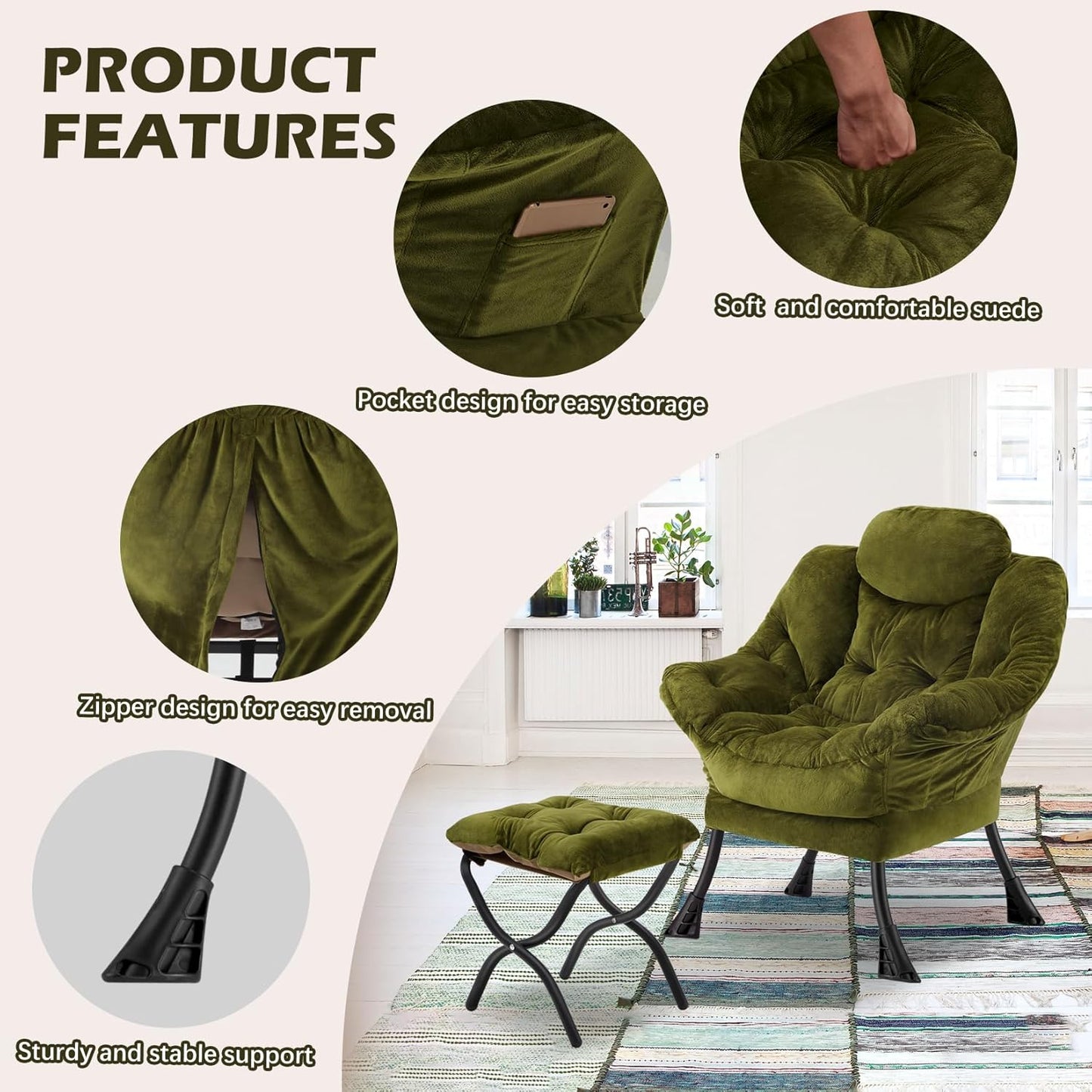Lazy Chair with Folding Ottoman,Leisure Sofa Chair,Soft Fabric Armchair with Armrests and Side Pockets, Reading Chair with Footrest for Living Room, Bedroom, Office (Plush Green)