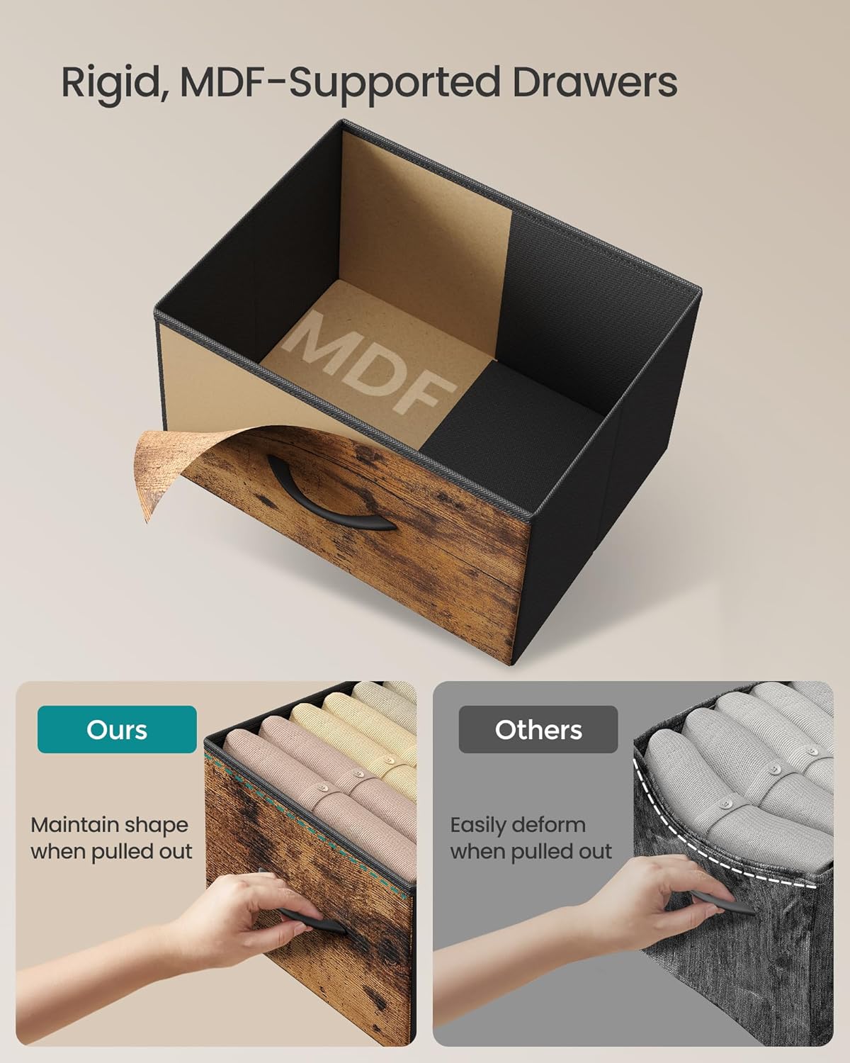 SONGMICS Dresser for Bedroom, Chest of Drawers, Steel, MDF, 3 Non-Woven Fabric Drawers, Storage Organizer Unit, Closet, Entryway, Rustic Brown and Ink Black ULGS313B02S