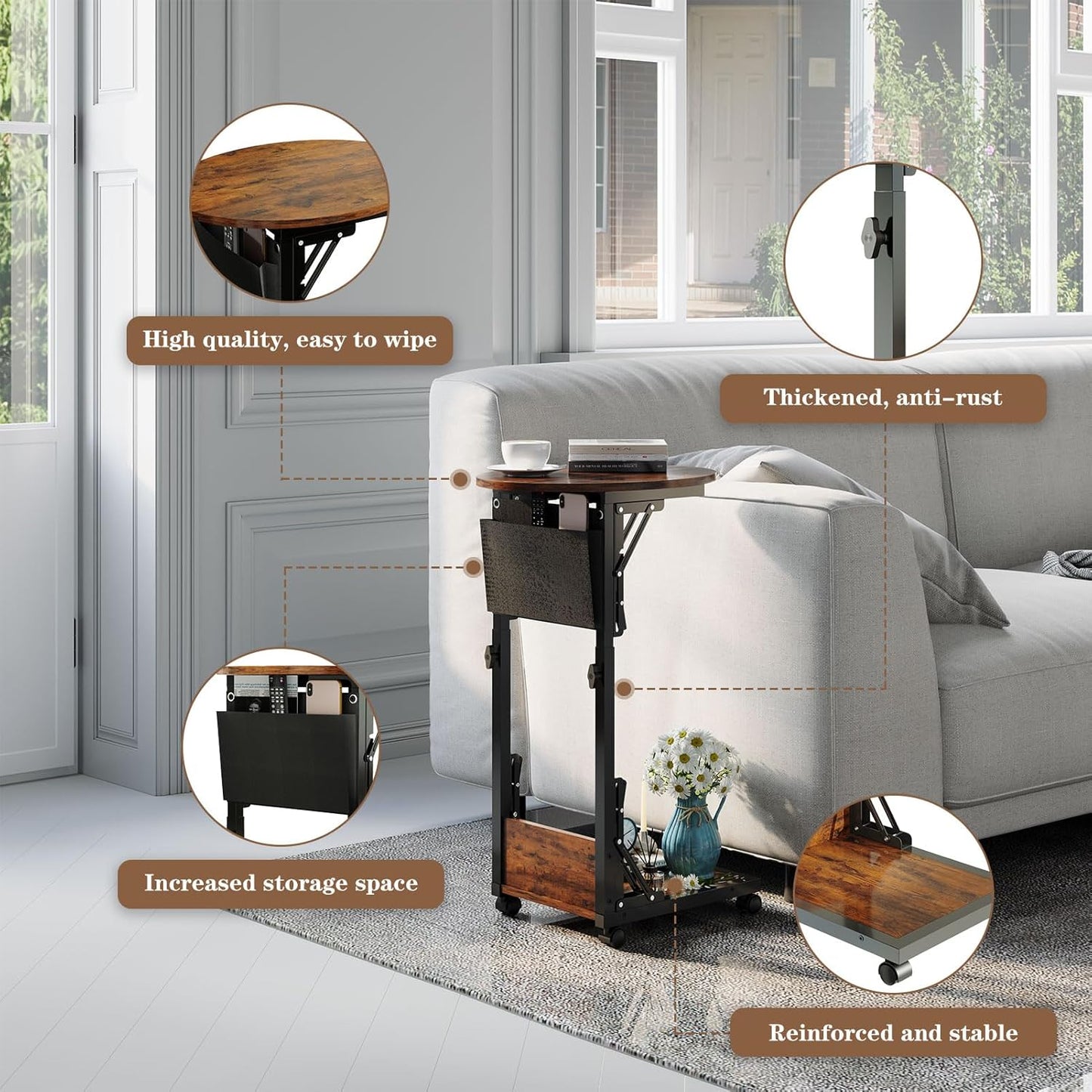 Folding C Shaped End Table, Small Side Table with Storage Bag for Sofa, Couch Table with Wheels, TV Tray Table for Living Room, Bedroom, Rustic Brown