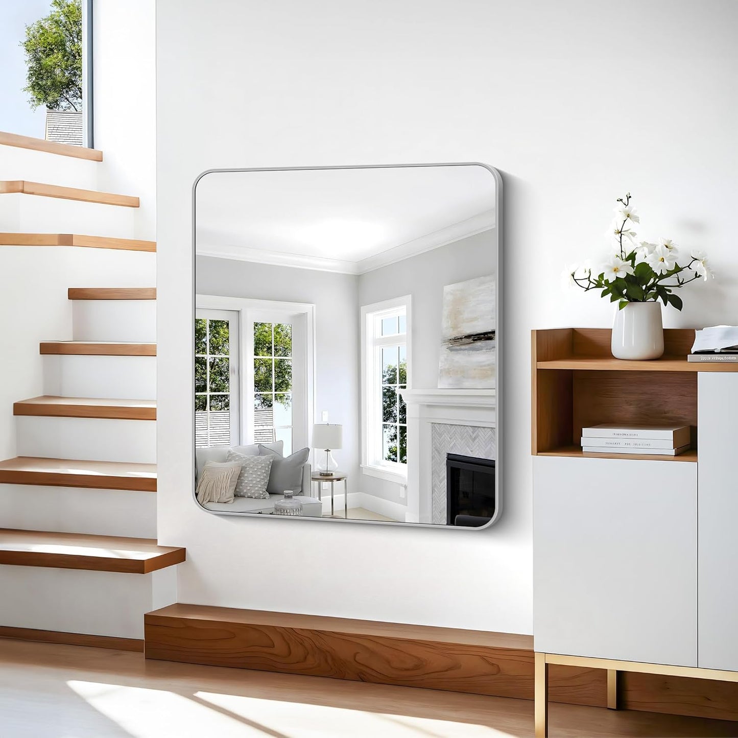 36x40 Inch Silver Bathroom Mirror, Metal Framed Silver Rectangle Mirrors, Rounded Rectangular Vanity Mirror, Wall Mounted Mirrors for Living Room Bedroom Entryway Hangs Horizontal or Vertical