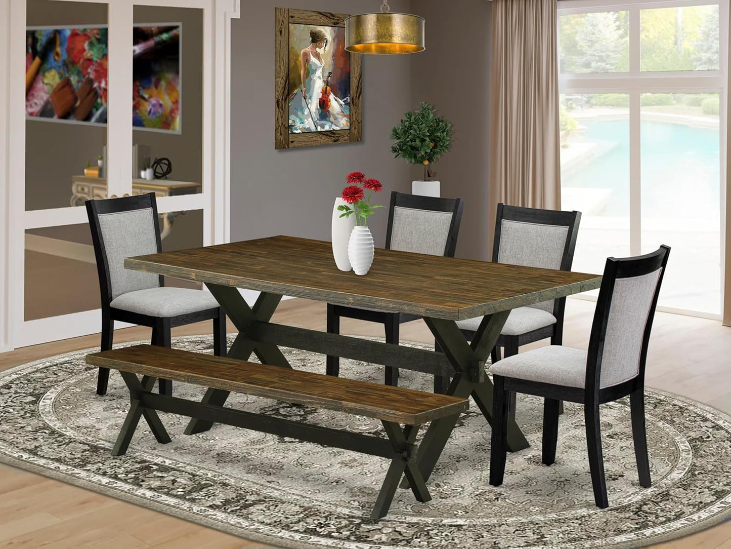East West Furniture X677MZ606-6 6 Piece Dinette Set Contains a Rectangle Dining Table with X-Legs and 4 Shitake Linen Fabric Parson Chairs with a Bench, 40x72 Inch, Multi-Color