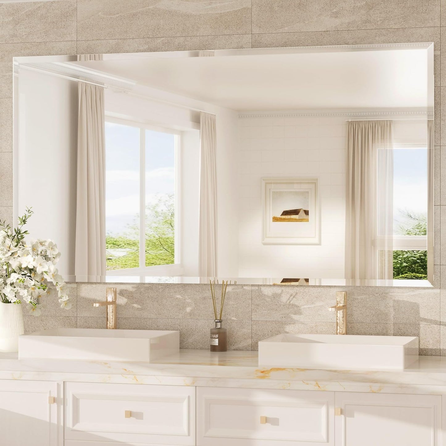 TokeShimi 60x36 Frameless Beveled Bathroom Mirror Rectangle, Tempered Rectangle Bathroom Vanity Mirror with 1" Beveled Edge, Shatterproof Modern Mirrored Wall Mounted for Living Room, Restroom