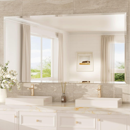 TokeShimi 60x36 Frameless Beveled Bathroom Mirror Rectangle, Tempered Rectangle Bathroom Vanity Mirror with 1" Beveled Edge, Shatterproof Modern Mirrored Wall Mounted for Living Room, Restroom