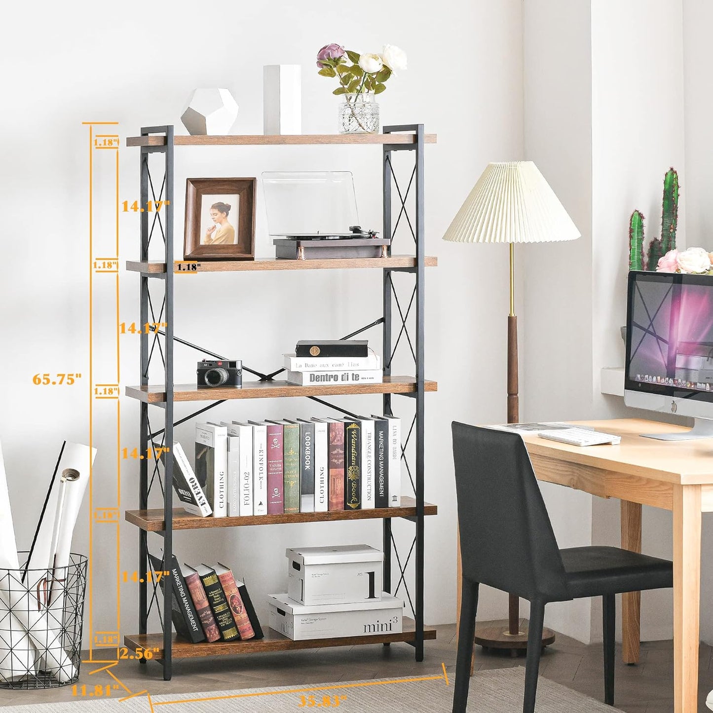 HCHQHS Bookshelf, 5-Tier Industrial Bookcase, Rustic Open Book Shelf, Freestanding Tall Bookshelves with Metal Frame