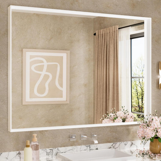 Keonjinn 48” x 36” White Bathroom Vanity Mirror Metal Framed Large Bathroom Mirror for Over Sink Rectangular Wall Mirror Square Corner Farmhouse Matte White Rectangle Mirror(Horizontal/Vertical)