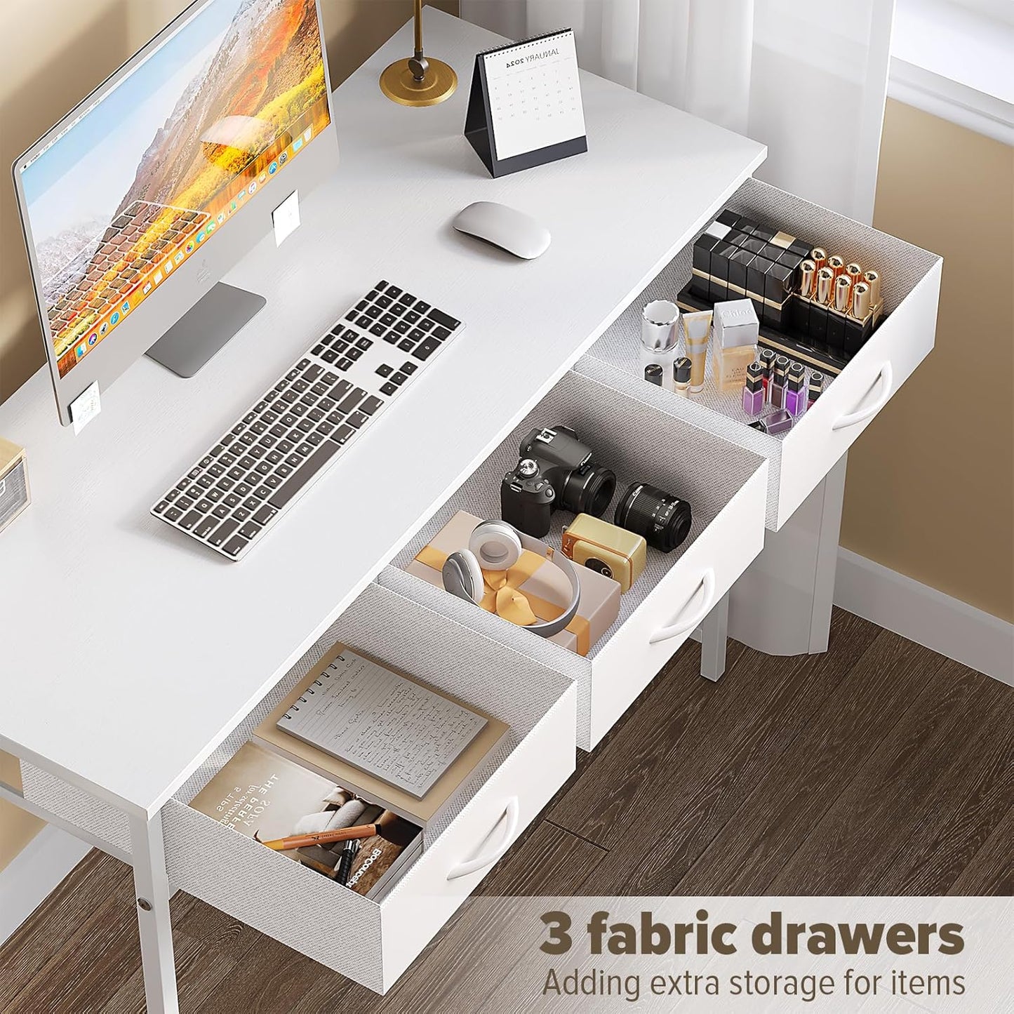 WOHOMO Small Computer Desk with Drawers, 39.3 Inch Vanity Desk with Storage, Home Office Computer Desk for Small Spaces, Modern Work Writing Study Table, White