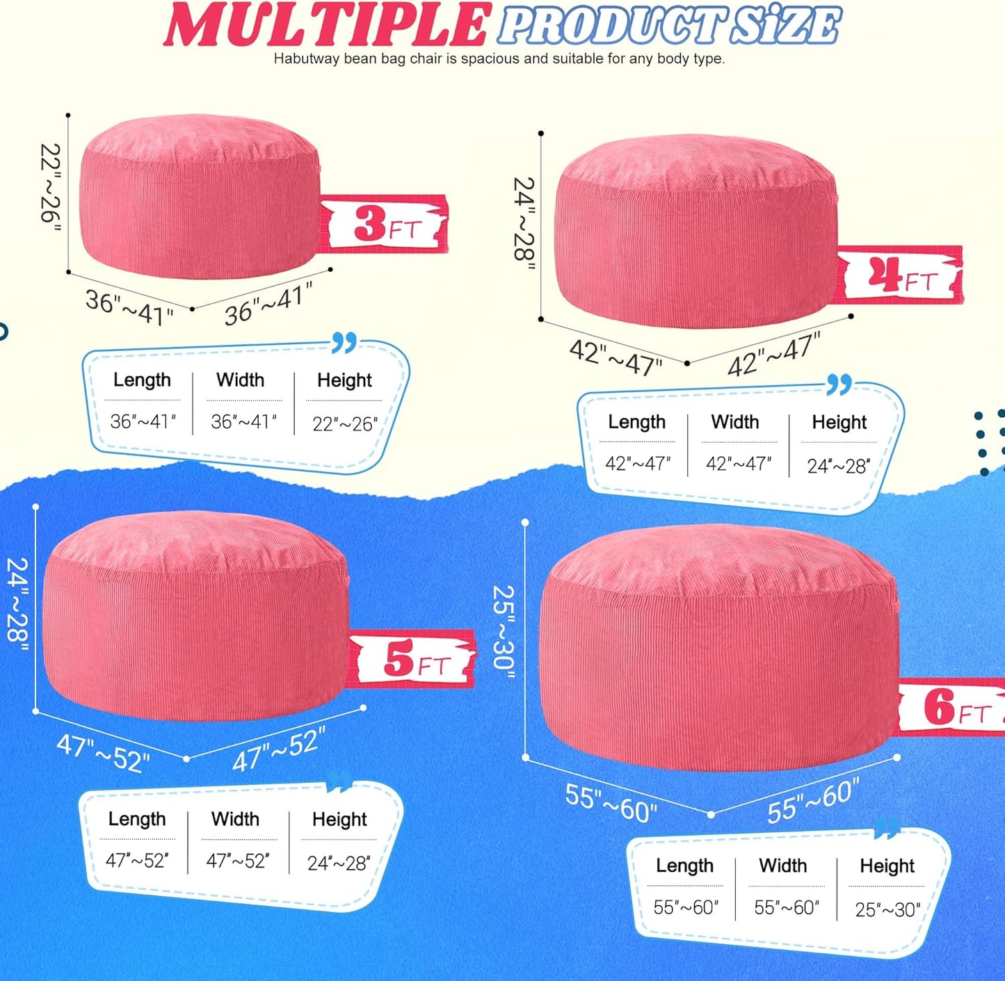 HABUTWAY 5FT Bean Bag Chair,Giant Bean Bag Chairs for Adults,Big Bean Bags with Memory Foam Filled, Large Beanbag Chairs with Soft Corduroy Cover-Pink