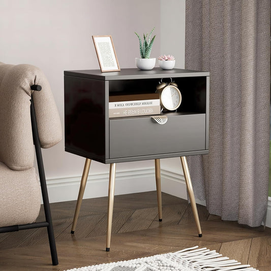 Cloud Space Mid Century Modern Nightstand, Black Nightstand with Drawer and Shelf, Versatile Wood Side End Table for Living Room, Lounge, Sturdy Construction, Easy Assembly