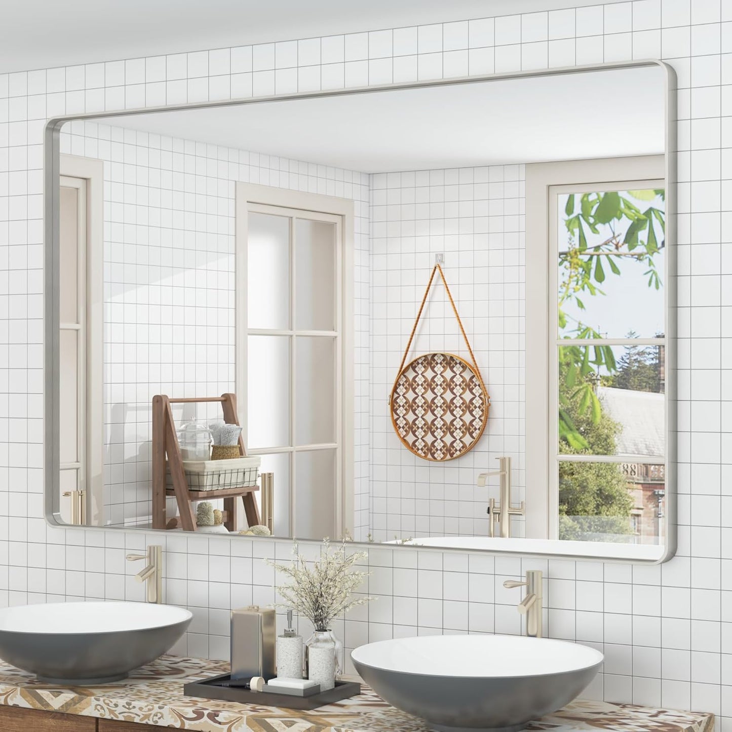 60x36 Silver Bathroom Mirrors for Vanity, Brushed Metal Silver Framed Bathroom Mirror for Wall, Modern Rectangle Mirror, Rounded Corners, Shatterproof (Horizontal/Vertical)