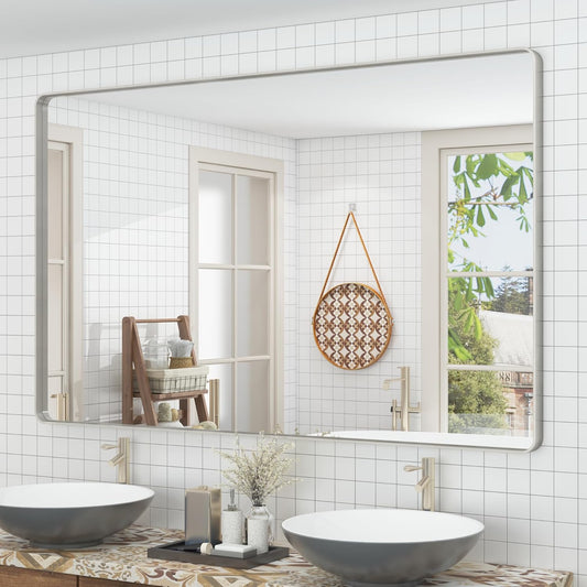 60x36 Silver Bathroom Mirrors for Vanity, Brushed Metal Silver Framed Bathroom Mirror for Wall, Modern Rectangle Mirror, Rounded Corners, Shatterproof (Horizontal/Vertical)