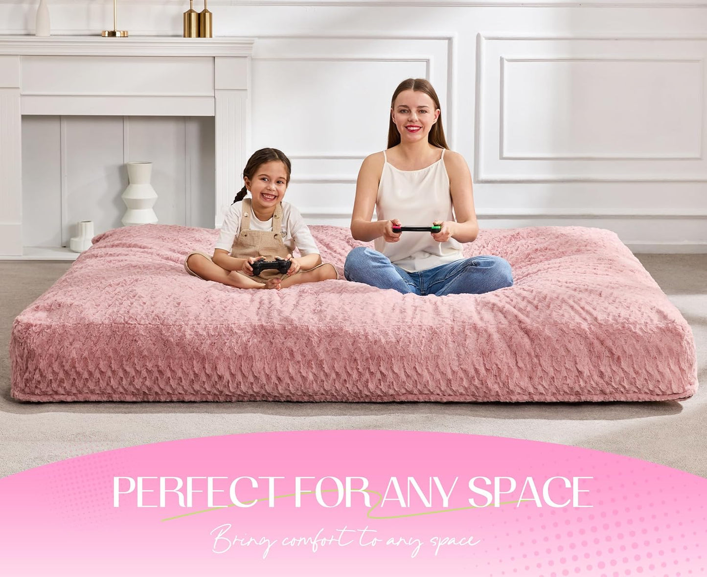 Hobestluk Bean Bag Chair Convertible Beanbag Chairs for Adults, 3 in 1 Bean Bags with Plush Chevron Cover, Adult Bean Bag Chair for Living Room, Bedroom (Pink, Queen)