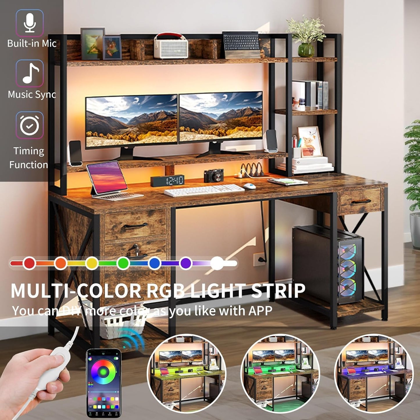 DWVO Computer Desk with Drawers & Hutch, 59.1" Office Desk with Power Outlets & LED Lights, Home Office Desk with Storage Shelves, Rustic Brown