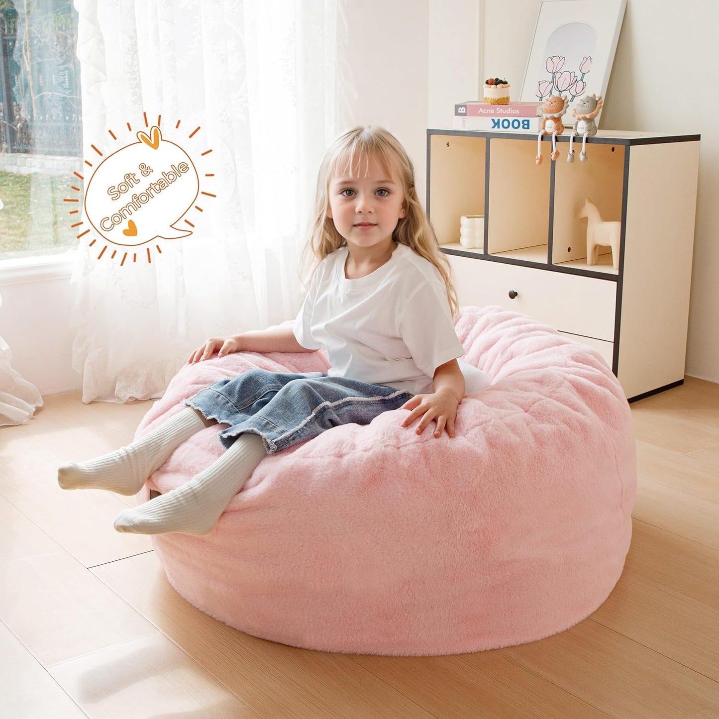 MAXYOYO Kids Bean Bag Chair, Stuffed Faux Fur Bean Bag for Toddler, Ultra Soft Floor Sofa with High-Density Foam Filling, Lazy Chair for Living Room, Playroom, Nursery Room