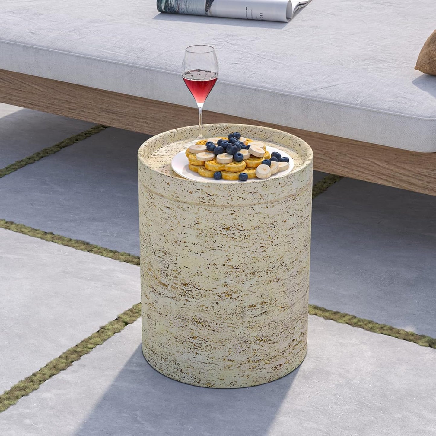 COSIEST Outdoor Side Table, Cylinder Shaped MgO Patio End Table, Lightweight Accent Table with Tray Top, Round Plant Stand Tool for Garden and Deck, Beige