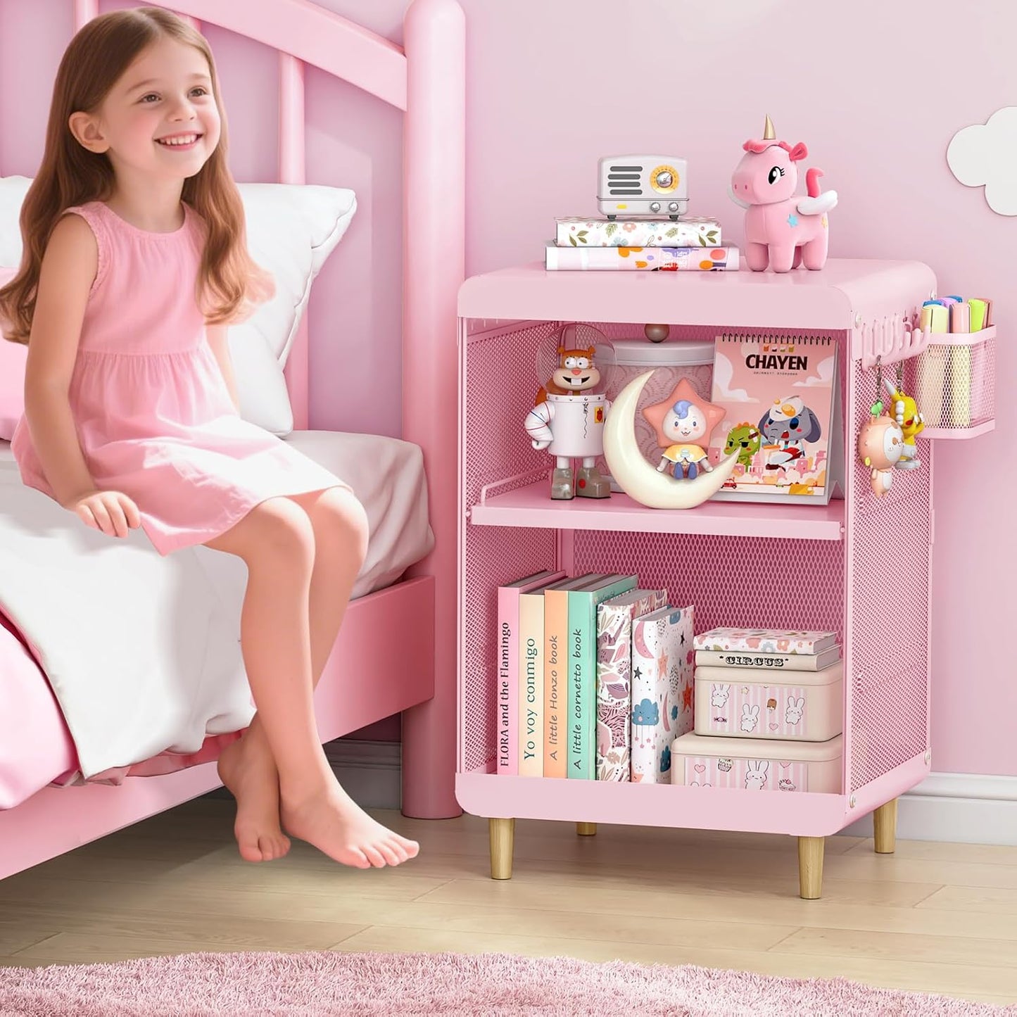 Kids Nightstand,Kids Bedside Table,Teen Girls Night Stand,Toddler Night Stand,End Table for Girls Room Storage,Pink nightstand