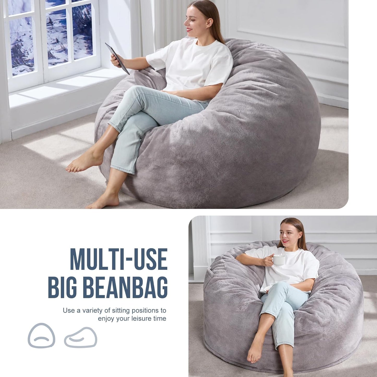 Hobestluk 5ft Bean Bag Chairs for Adults Large Beanbag Chair with Plush Faux Fur Cover Big Bean Bag Chair for Living Room Bedroom Dorm Office - Grey (50” x 50” x 24”)