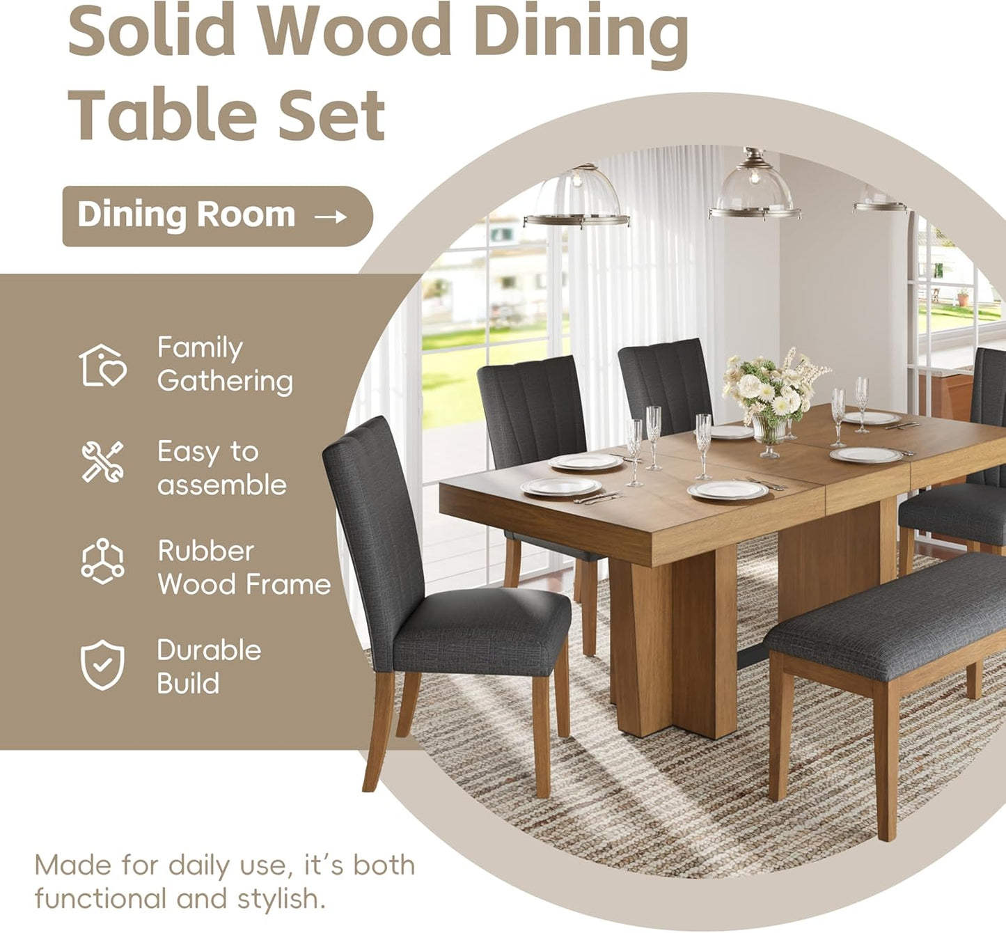 Ball & Cast 6 Piece Farmhouse Dining Table Set with Extendable Table,4 Upholstered Chairs & 1 Bench,Wooden Kitchen Table Set of 6,Backrest Chair with Table & Upholstery-Bench,for Dining Room,Gray