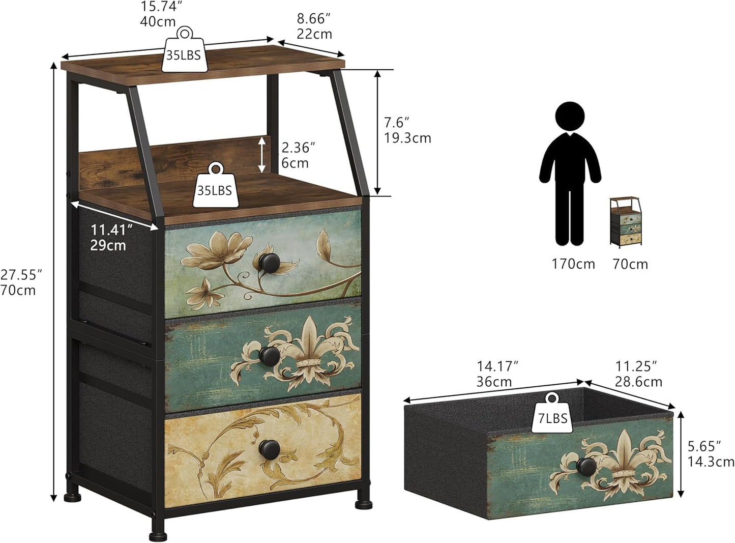 Tohomeor Dresser with Fabric Drawers Nightstand with 2 Tier Shelf Storage Tower for Bedroom Hallway Entryway Closet Organizer Sofa Beside Table Furniture (Multi, 3 Drawers)
