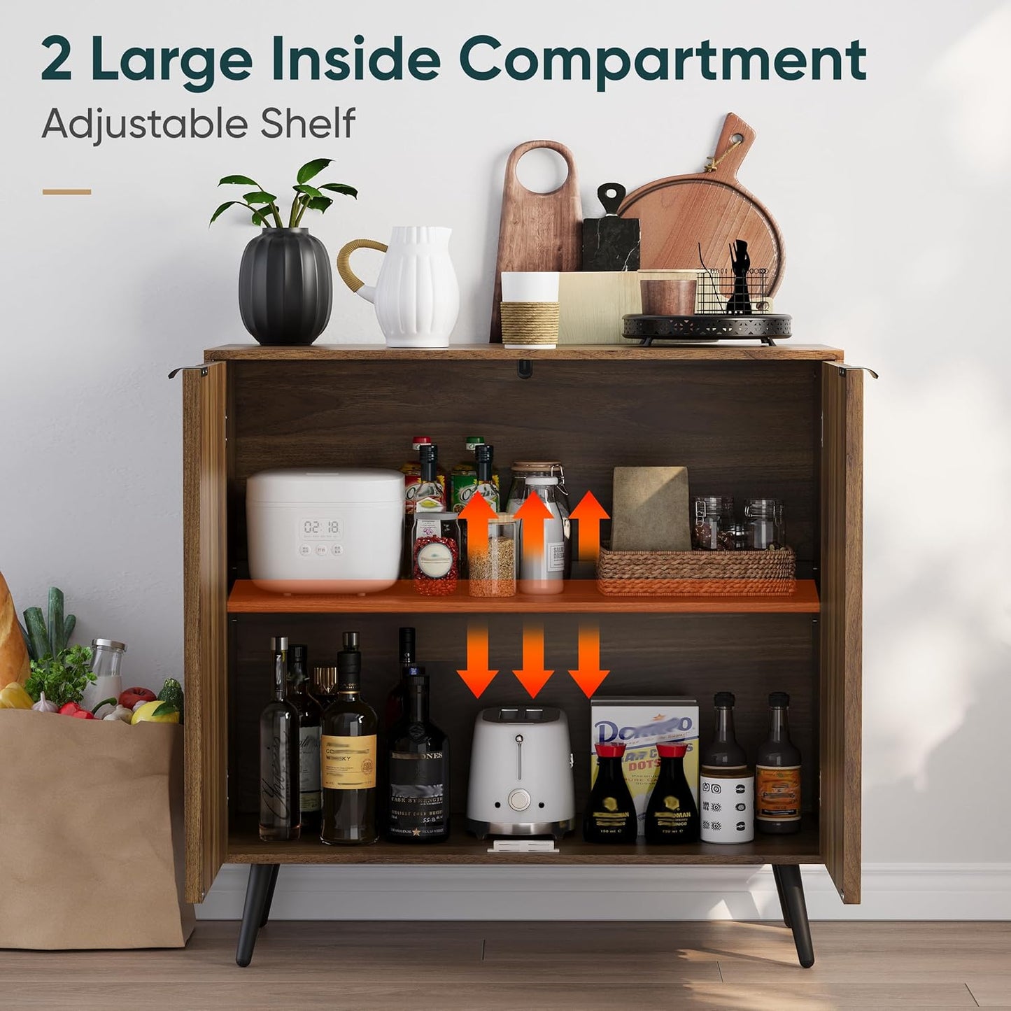 Semiocthome Walnut Buffet Cabinet with Storage, Sideboard Cabinet with Fluted Doors and Metal Legs, Storage Cabinet with Adjustable Shelf, Accent Table for Living Room, Dining Room, Kitchen, Entryway