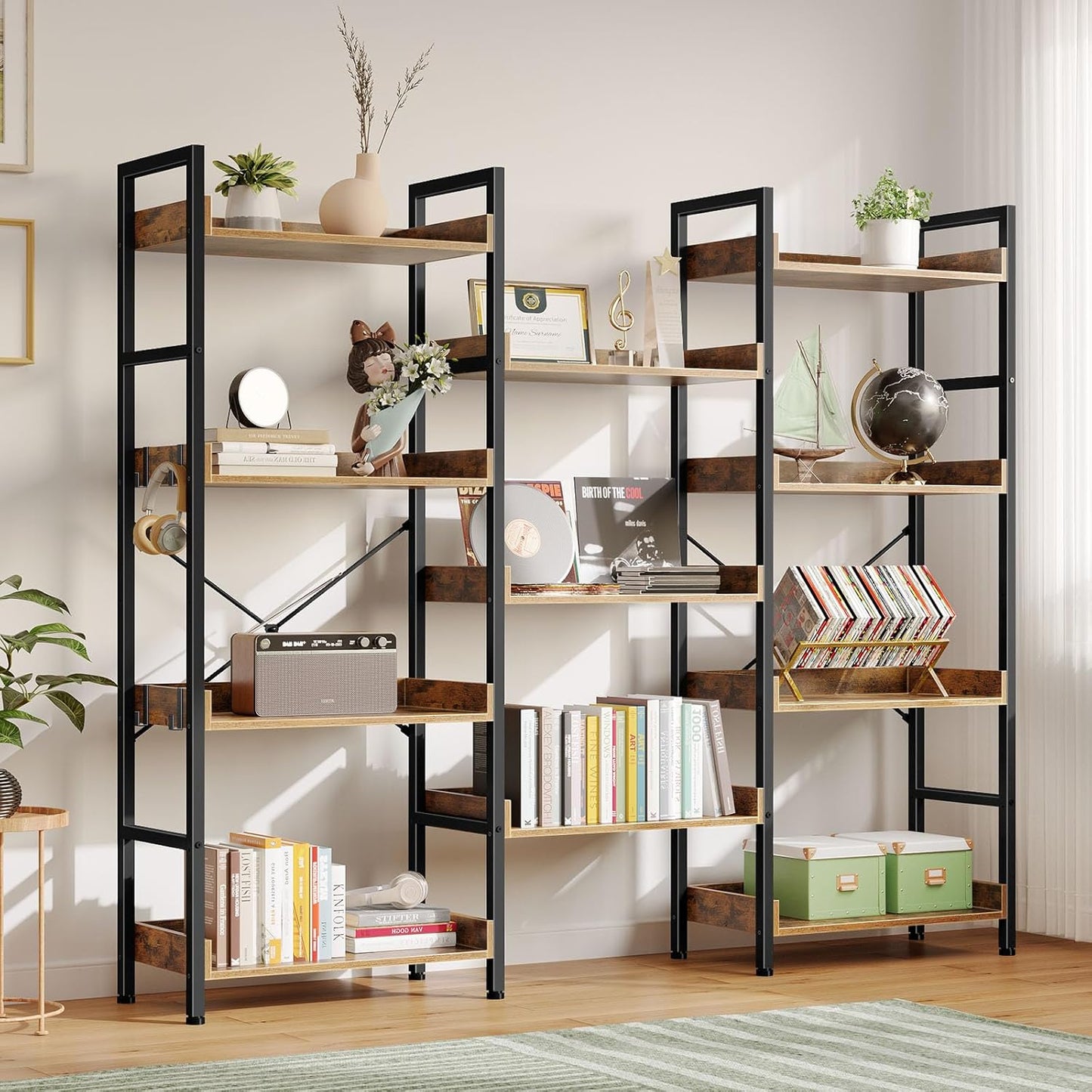 Rolanstar Bookshelf 4 Tiers with 4 Hooks, Triple Bookcase with Open Display Shelves, Industrial Wide Bookshelf with Metal Frame for Living Room, Office, Rustic Brown
