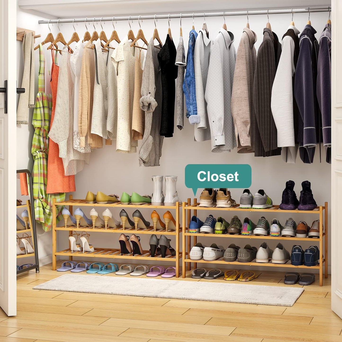 3-Tier Long Shoe Rack, Bamboo Wood Shoe Rack for Closet, Entryway & Hallway, Stackable | Beautiful | Functional | Sturdy