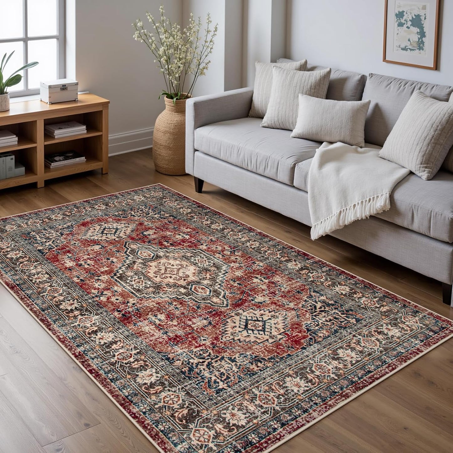 Lahome Oriental Washable Rugs for Bedroom, 4X6 Soft Living Room Rug Ultra-Thin Non-Slip Stain Resistant Vintage Low-Pile Throw Carpet for ‎Office Entryway, Brick Red