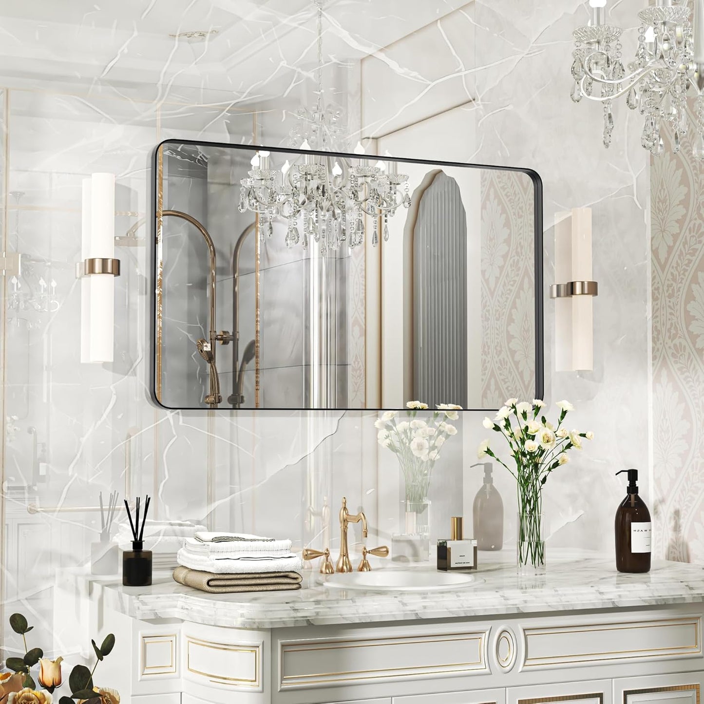 40×24 Black Bathroom Mirror, Rectangular Bathroom Vanity Mirror for Wall with Rounded Corners & Aluminum Alloy Frame, Tempered-Glass, Modern, Farmhouse, Horizontal/Vertical, Entryway, Bedroom