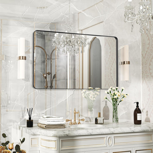 40×24 Black Bathroom Mirror, Rectangular Bathroom Vanity Mirror for Wall with Rounded Corners & Aluminum Alloy Frame, Tempered-Glass, Modern, Farmhouse, Horizontal/Vertical, Entryway, Bedroom