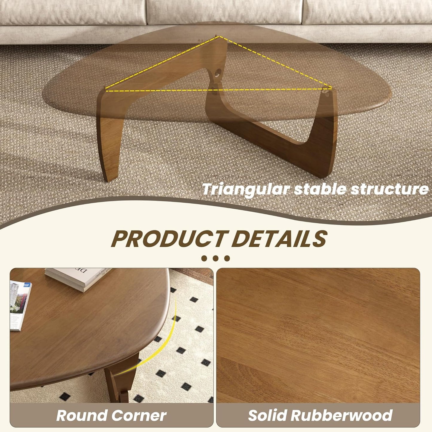 Mid Century Modern Coffee Table, Solid Wood Triangle Coffee Table for Living Room, Modern Tea Table for Home, 35.4x23.6x16.5