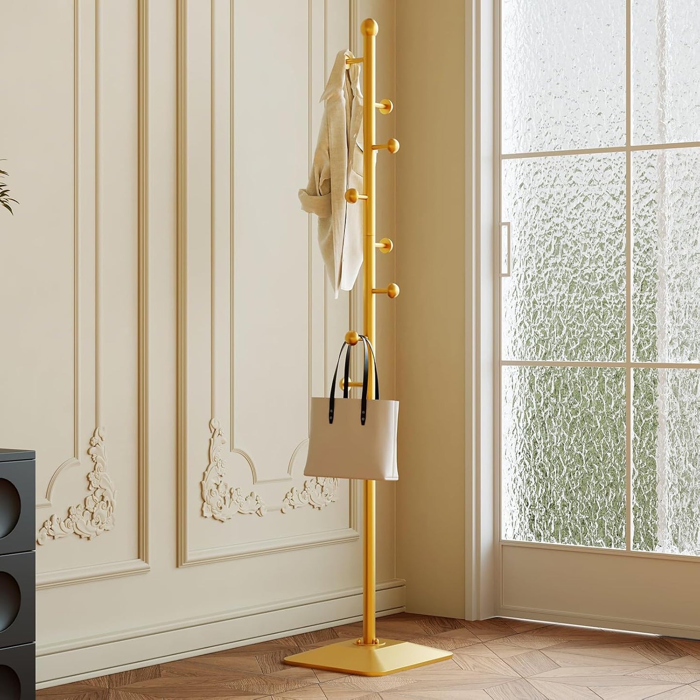 Gold coat rack,Metal coat hanger stand,Coat Tree freestanding Heavy duty with 8 Hooks and Cast iron base for coats,Hat,scarf,jacket,purse