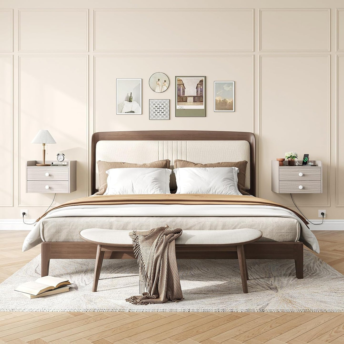 Floating Nightstand Set of 2 with 2 Storage Drawers and Charging Station Wood Wall Mounted Bedside End Table Modern Night Stands Set 2 for Bedroom,Small Space,Grey