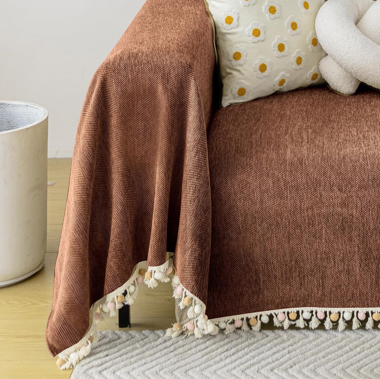 HANDONTIME Boho Style Sofa Cover with Tassels, Washable & Non-Slip Couch Cover for 3 Cushion Sofa, Herringbone Pattern Pet-Friendly Sofa Slipcover, Chocolate Color, 71"x134", Living Room Decor