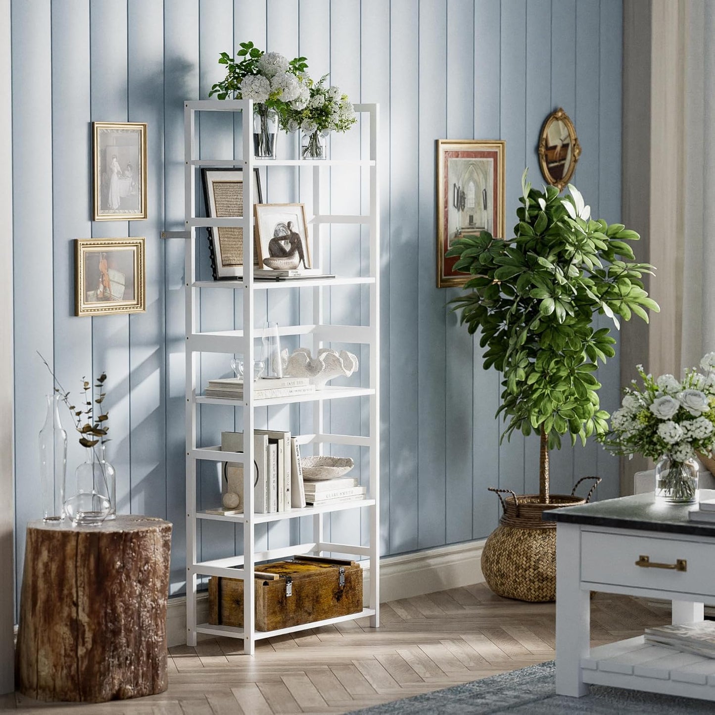 5-Tier Bookshelf, Industrial Bookcase with Bamboo Frame, Modern Display Standing Shelf Unit, Tall Wood Storage Organizer for Living Room, Home Office, White