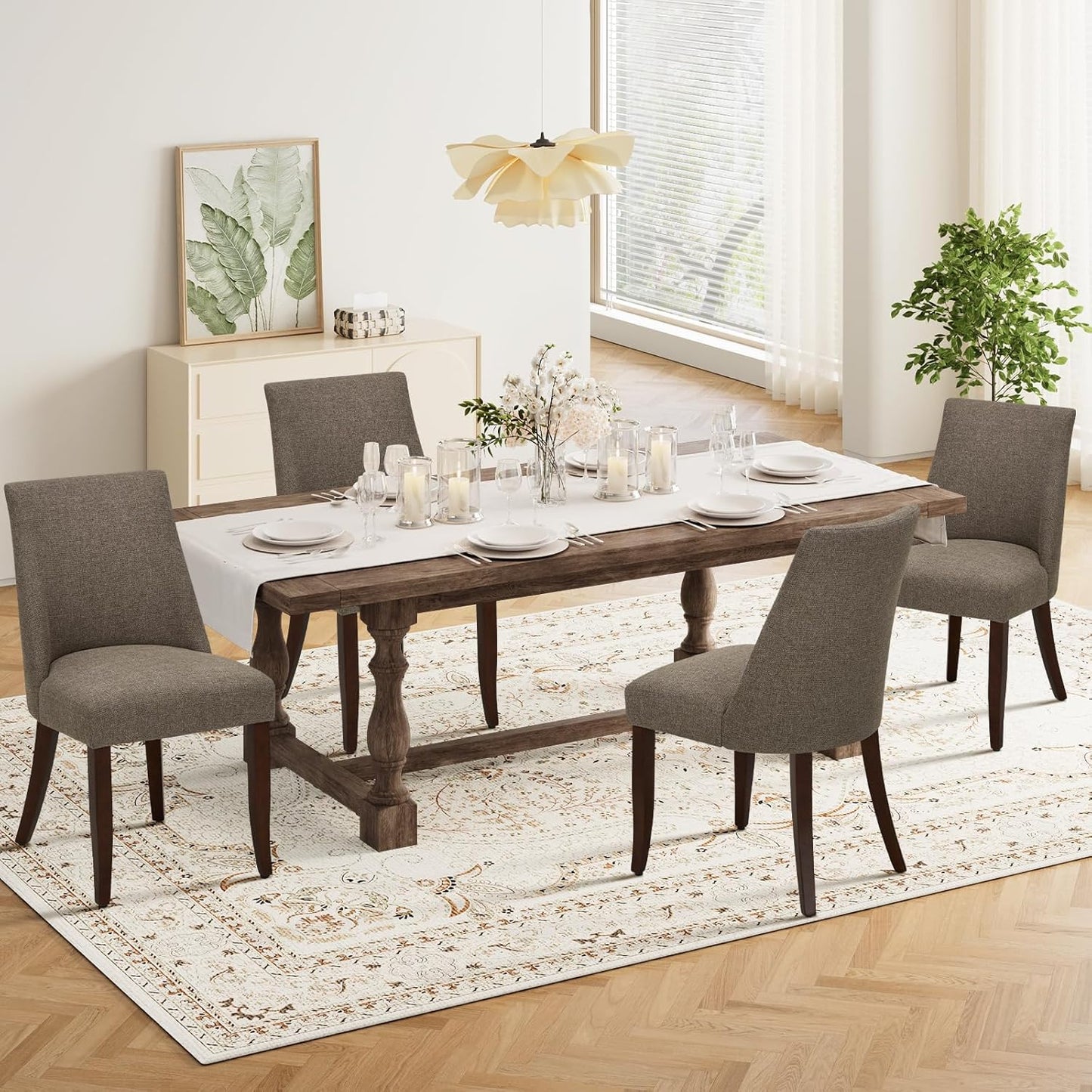 COLAMY Upholstered Dining Chairs Set of 4, Mid Century Modern Kitchen Chairs with Back, Farmhouse Fabric Side Dining Room Chairs with Wood Legs for Dining Room Restaurant, Brown