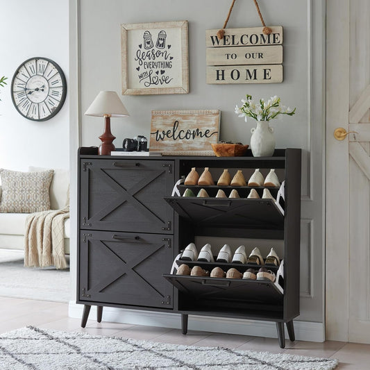 Shoe Storage Cabinet,Farmhouse Shoe Organizer with 4 Flip Drawers & Barn Door Design,Freestanding Hidden Slim Narrow Shoe Rack Cabinet for Entryway,Foyer,Hallway,Black