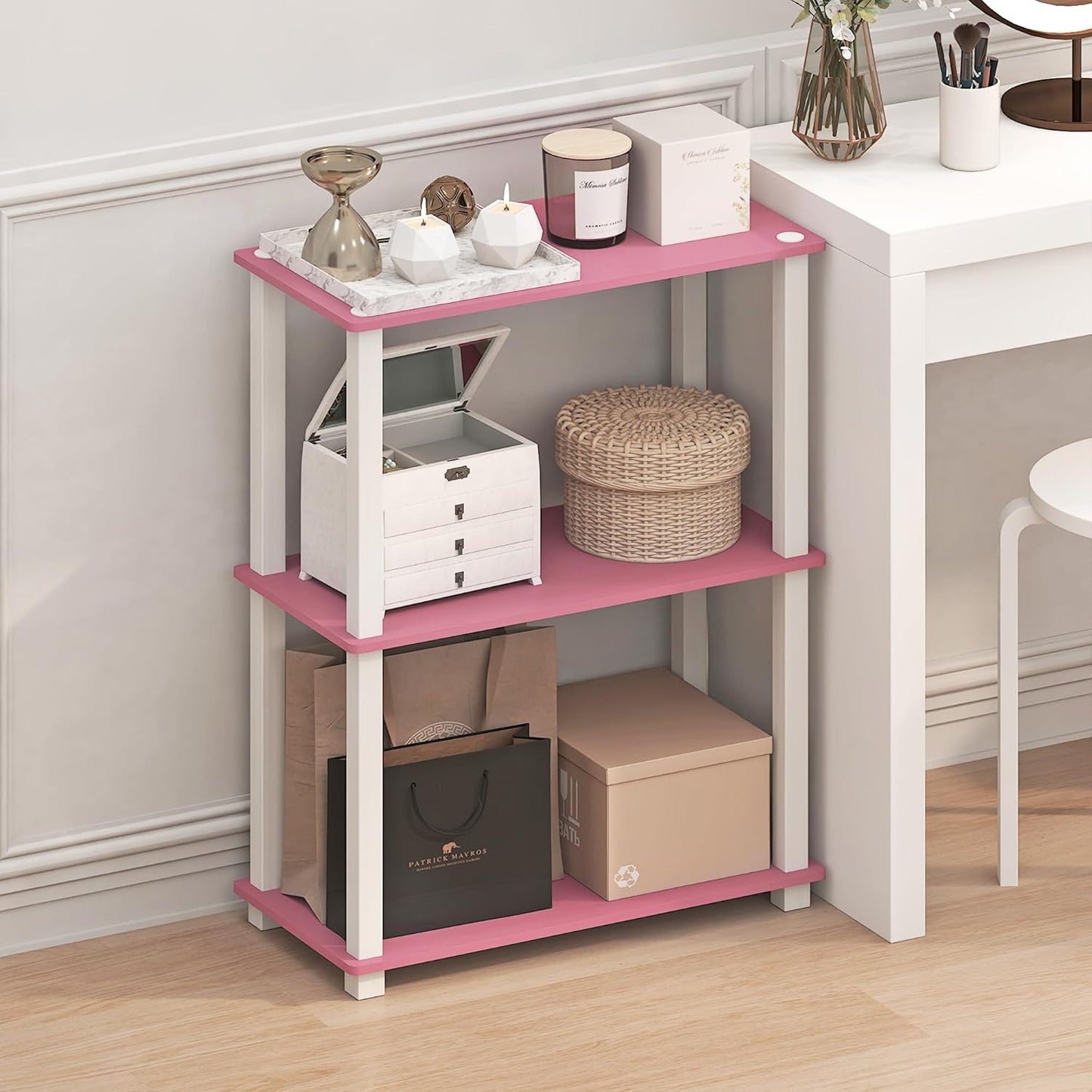 Furinno Turn-S-Tube 3-Tier Compact Multipurpose Shelf Display Rack with Square Tube, Pink/White