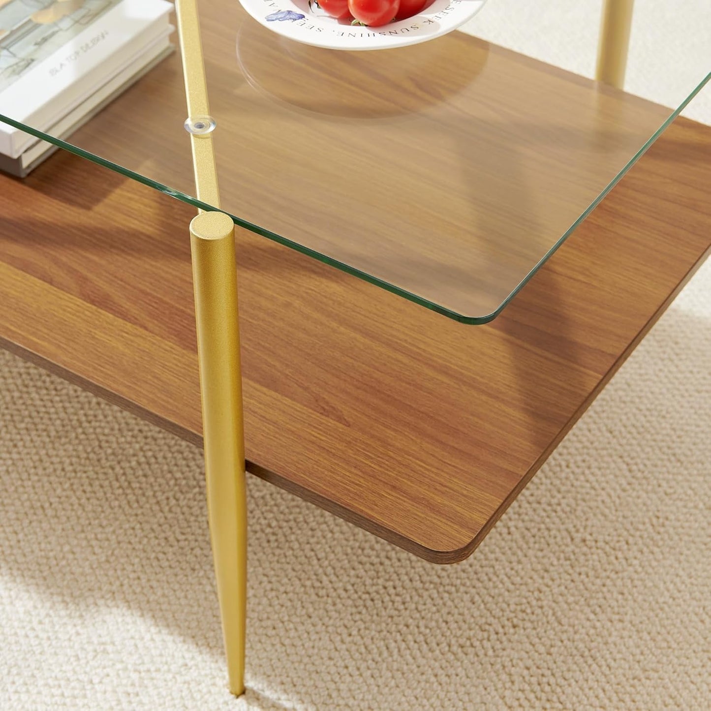 Rectangle Coffee Table, Mid-Century Modern Design, L41*W21*H17 inch, for Living Room, Clear Glass Top and Walnut Finish Wood Shelf, Conical Metal Legs with Gold Finish