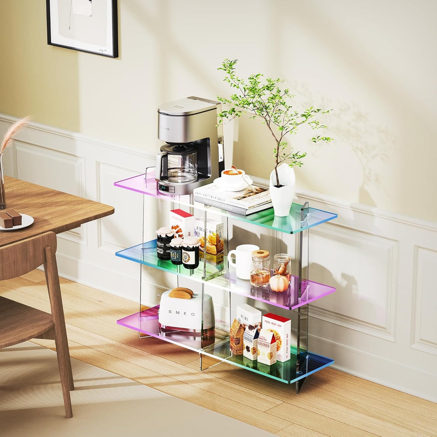 Acrylic Bookshelf, Small 3 Tier Open Bookcase for Small Spaces,Sofa Table, Hallway Entry Table for Home Living Room (Iridescent, 39.4" x 11.8" x 31.5)